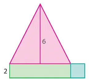 Triangle sur rectangle et carré Triangle rose de hauteur 6 posé sur un rectangle vert de longueur x et hauteur 2, plus un carré de côté 2 — exercice de maths en 2de sur les inéquations et les aires