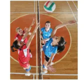 Joueuses de volley-ball au filet Joueuses de volley-ball en rouge et bleu au filet pendant un smash — exercice de probabilités en 2de sur un club