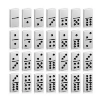 Jeu de vingt-huit dominos Jeu de vingt-huit dominos disposés en quatre lignes de sept, du double blanc au double six — probabilités en 2de
