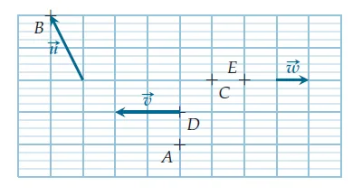 Points A à E et vecteurs u, v, w Quadrillage avec les points A, B, C, D, E et les vecteurs u, v, w — exercice de maths en 2de sur la construction de représentants de vecteurs
