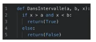 Code Python DansIntervalle Code Python de la fonction DansIntervalle(a, b, x) renvoyant True ou False selon que x est entre a et b — maths 2de