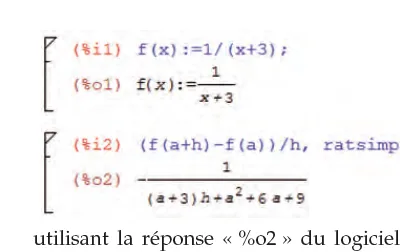 Capture d’écran du logiciel Maxima Capture d’écran du logiciel Maxima définissant f(x)=1/(x+3) et calculant le taux d’accroissement - exercice de maths en 1ère sur la dérivation (algorithme)