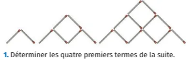 Allumettes empilées par niveaux Lignes d’allumettes empilées en forme de losanges aux niveaux 1, 2, 3 et 4 — exercice de maths en 1ère sur les suites