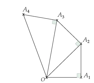 Triangles rectangles successifs de sommet O Suite de triangles rectangles accolés autour du point O avec les points A1, A2, A3 et A4 et angles droits marqués — exercice de maths en 1ère sur les suites numériques et la définition par récurrence