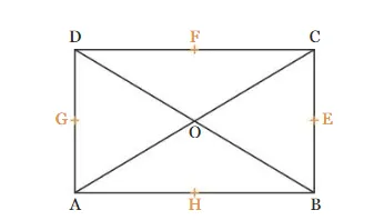 Rectangle ABCD et milieux (série 1) Rectangle ABCD avec ses diagonales, centre O et milieux E, F, G, H des côtés pour apparier des produits scalaires (première série) — exercice de maths en 1ère sur le produit scalaire dans le plan