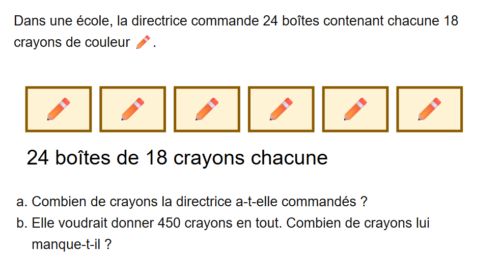 Énoncé de l'exercice 32 sur les opérations en CM1 : Problème des boîtes de crayons – corrigé opérations CM1