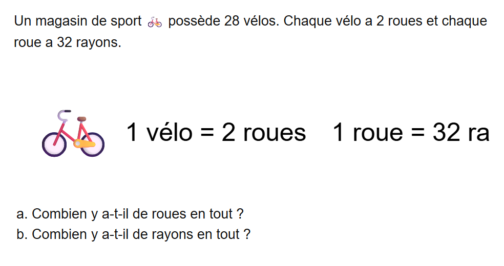 Énoncé de l'exercice 33 sur les opérations en CM1 : Problème des roues de vélos – corrigé opérations CM1