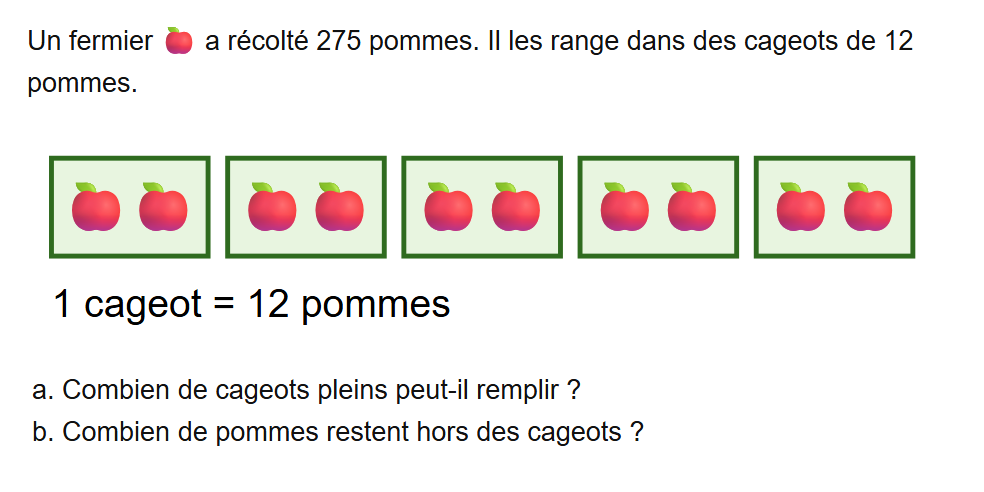 Énoncé de l'exercice 34 sur les opérations en CM1 : Problème des cageots de pommes – corrigé opérations CM1