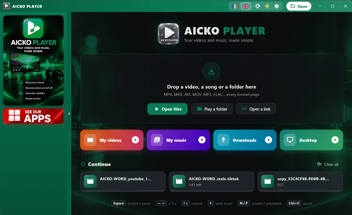 Screenshot of AICKO PLAYER on a Windows computer (2)