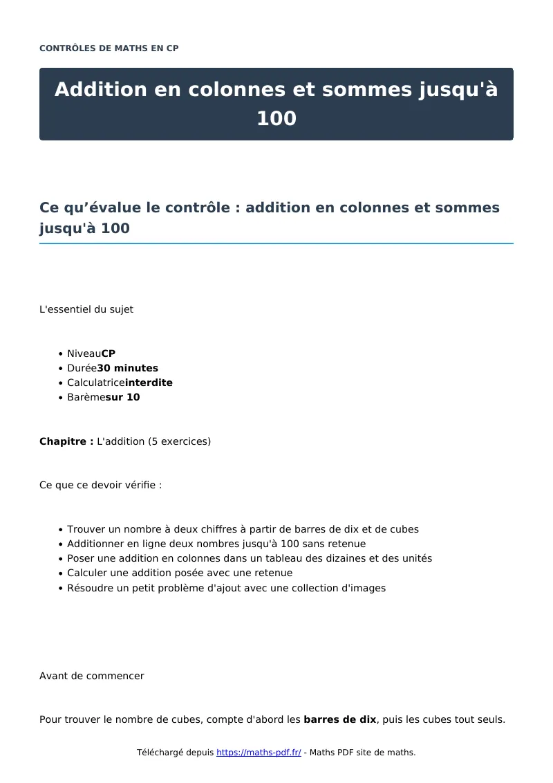 Addition en colonnes et sommes jusqu’à 100 : contrôle de maths en CP corrigé en PDF