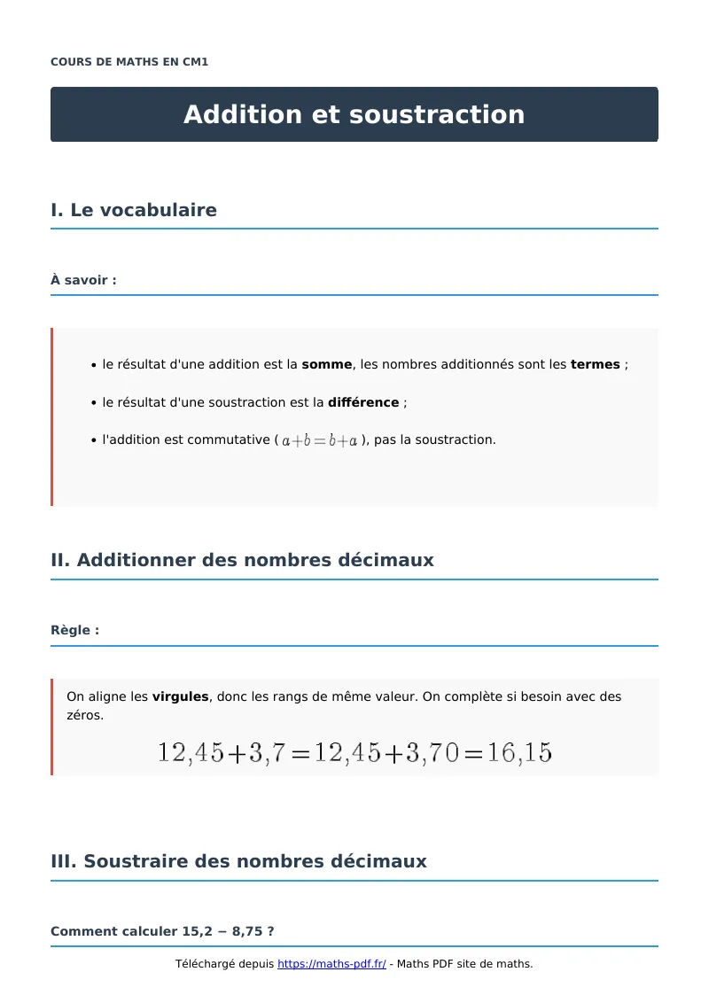 Addition et soustraction : cours de maths en CM1 en PDF