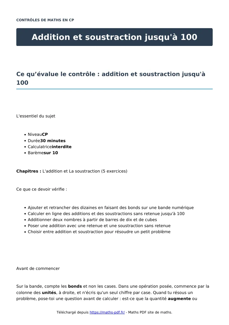 Addition et soustraction jusqu’à 100 : contrôle de maths en CP corrigé en PDF