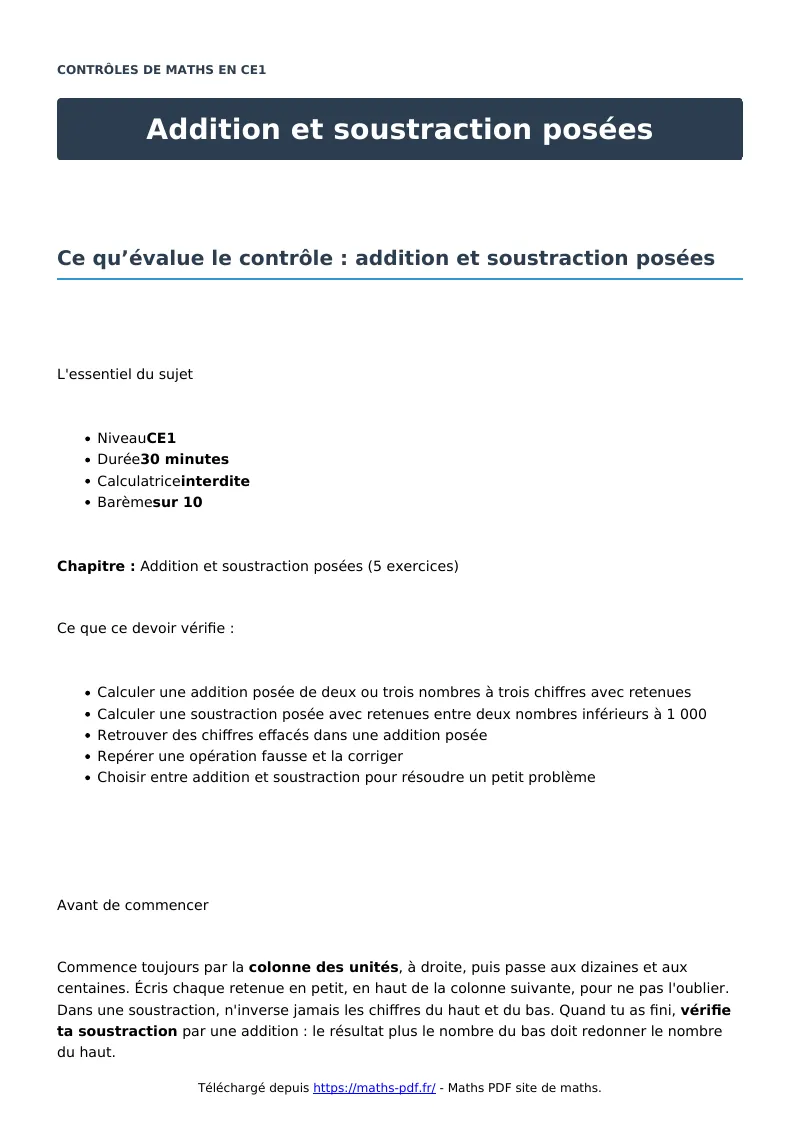 Addition et soustraction posées : contrôle de maths en CE1 corrigé en PDF