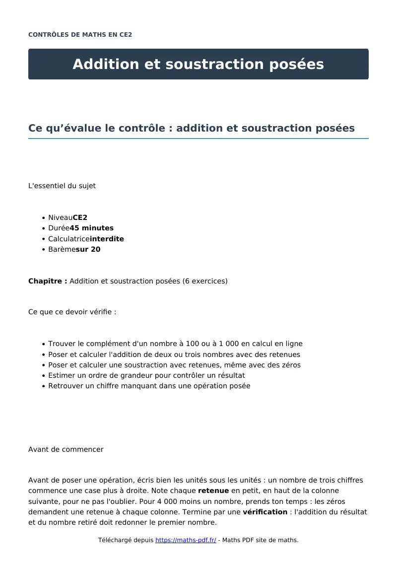 Addition et soustraction posées : contrôle de maths en CE2 corrigé en PDF
