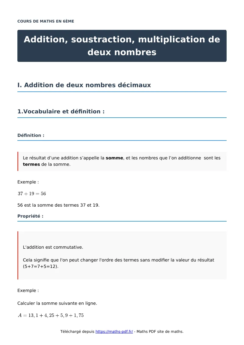Addition, soustraction, multiplication de deux nombres : cours de maths en 6ème en PDF