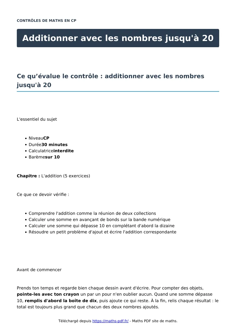 Additionner avec les nombres jusqu’à 20 : contrôle de maths en CP corrigé en PDF