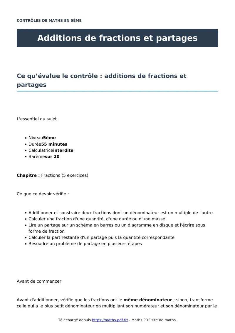 Additions de fractions et partages : contrôle de maths en 5ème corrigé en PDF