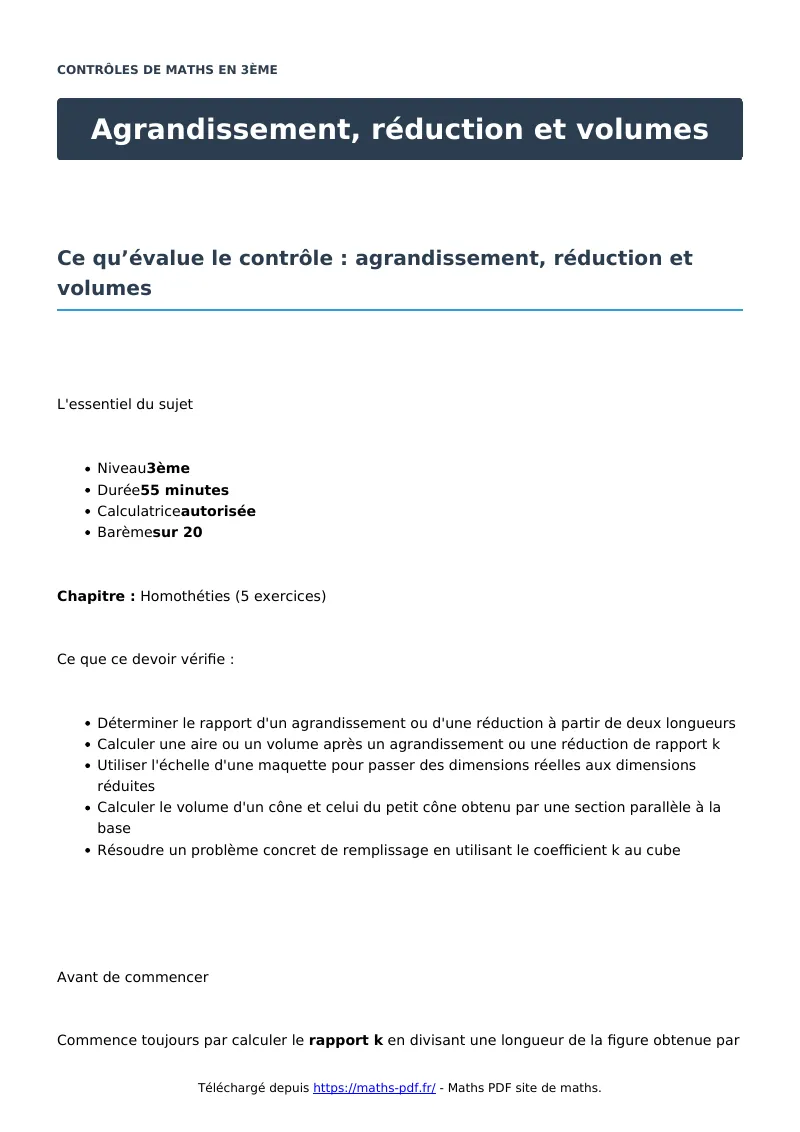 Agrandissement, réduction et volumes : contrôle de maths en 3ème corrigé en PDF
