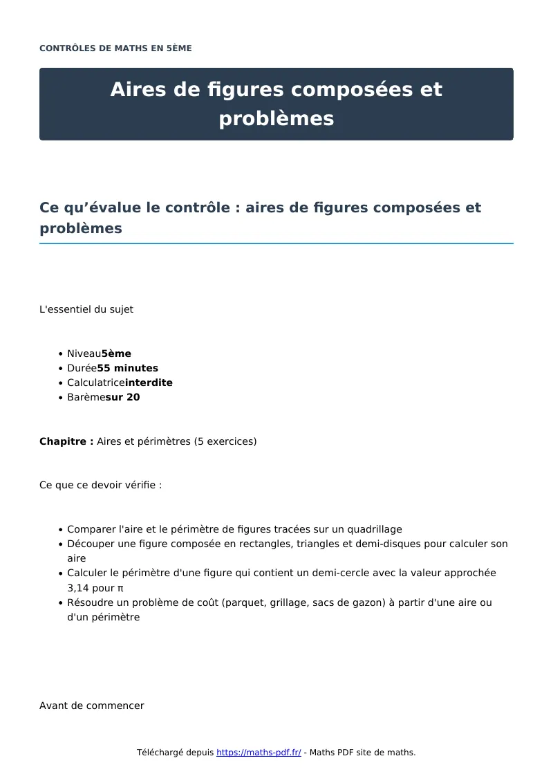 Aires de figures composées et problèmes : contrôle de maths en 5ème corrigé en PDF