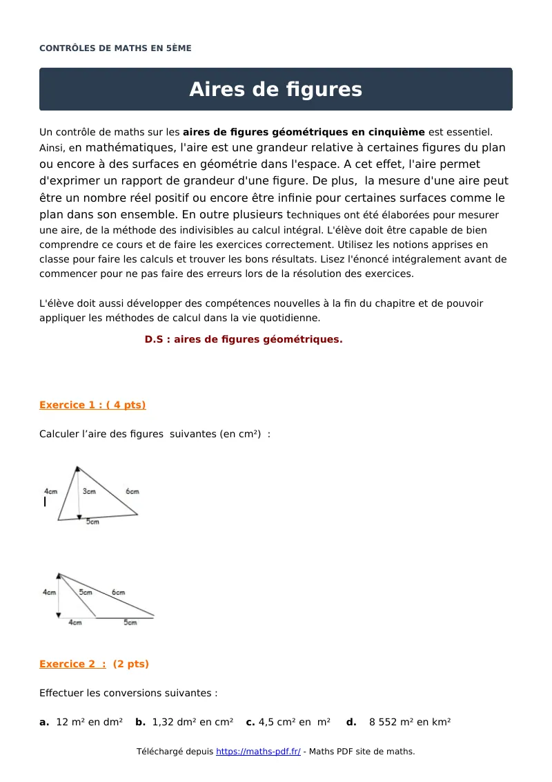 Aires de figures : contrôle de maths en 5ème corrigé en PDF