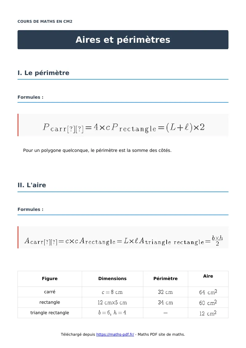 Aires et périmètres : cours de maths en CM2 en PDF