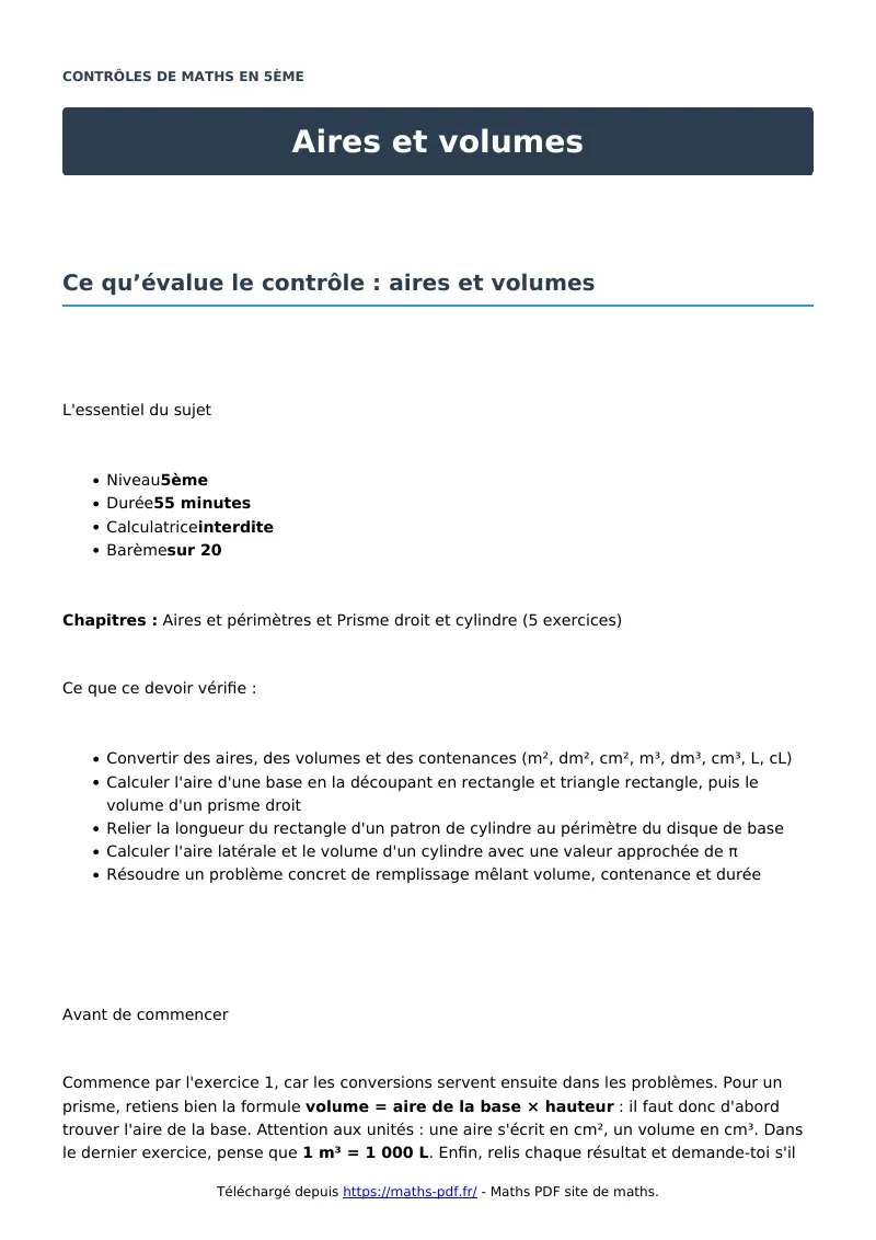 Aires et volumes : contrôle de maths en 5ème corrigé en PDF