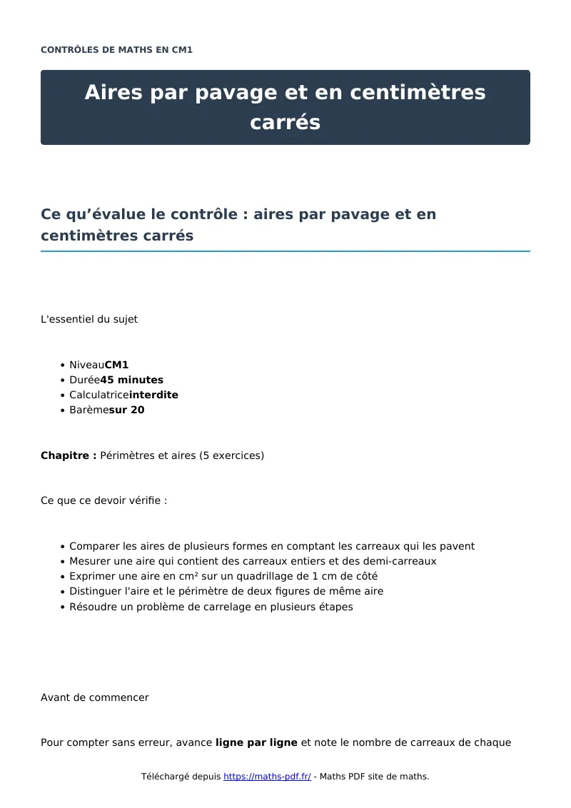 Aires par pavage et en centimètres carrés : contrôle de maths en CM1 corrigé en PDF