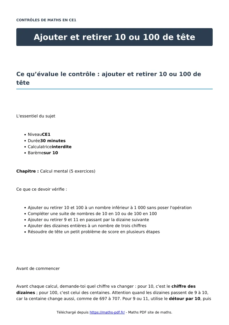 Ajouter et retirer 10 ou 100 de tête : contrôle de maths en CE1 corrigé en PDF