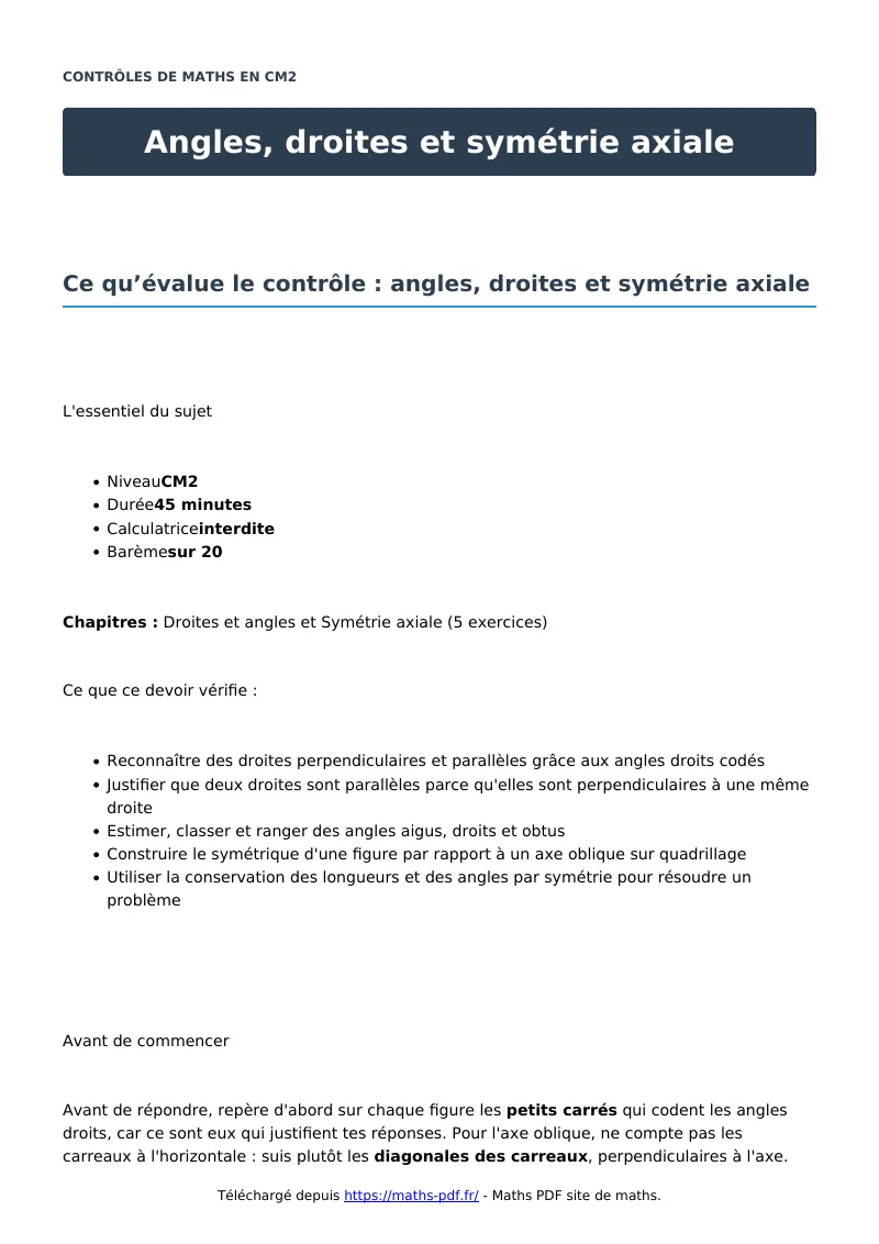 Angles, droites et symétrie axiale : contrôle de maths en CM2 corrigé en PDF