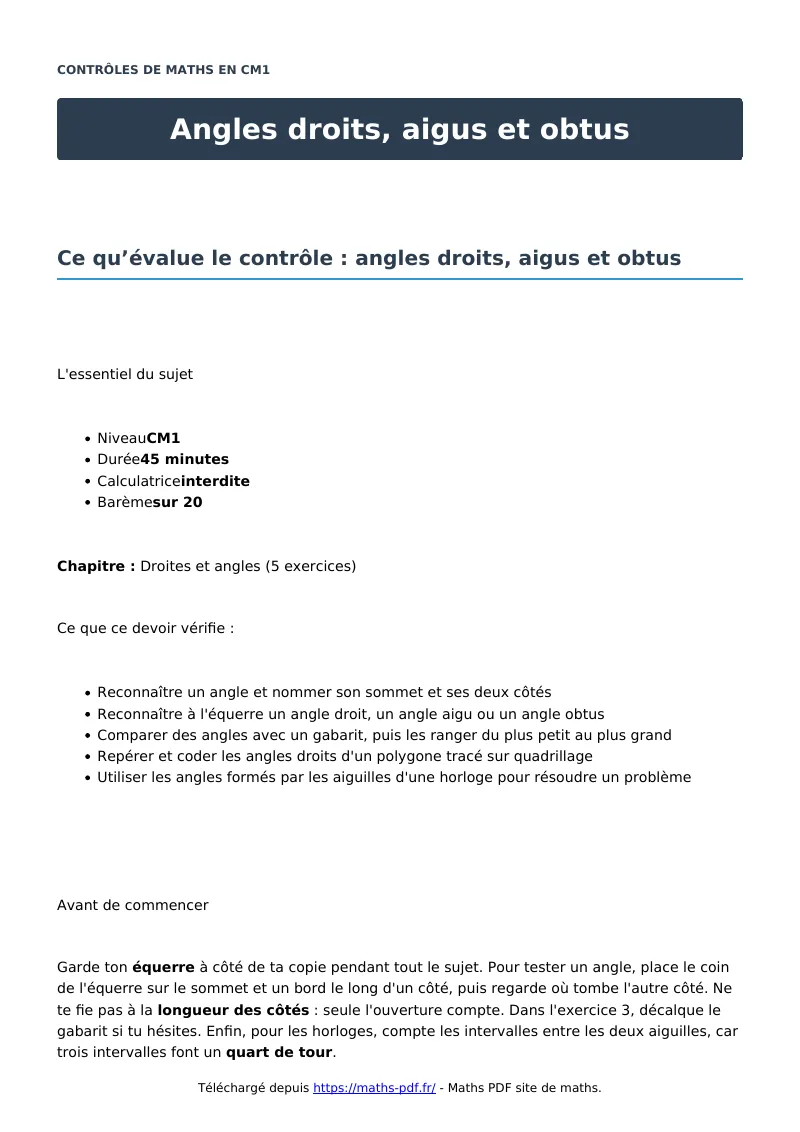 Angles droits, aigus et obtus : contrôle de maths en CM1 corrigé en PDF