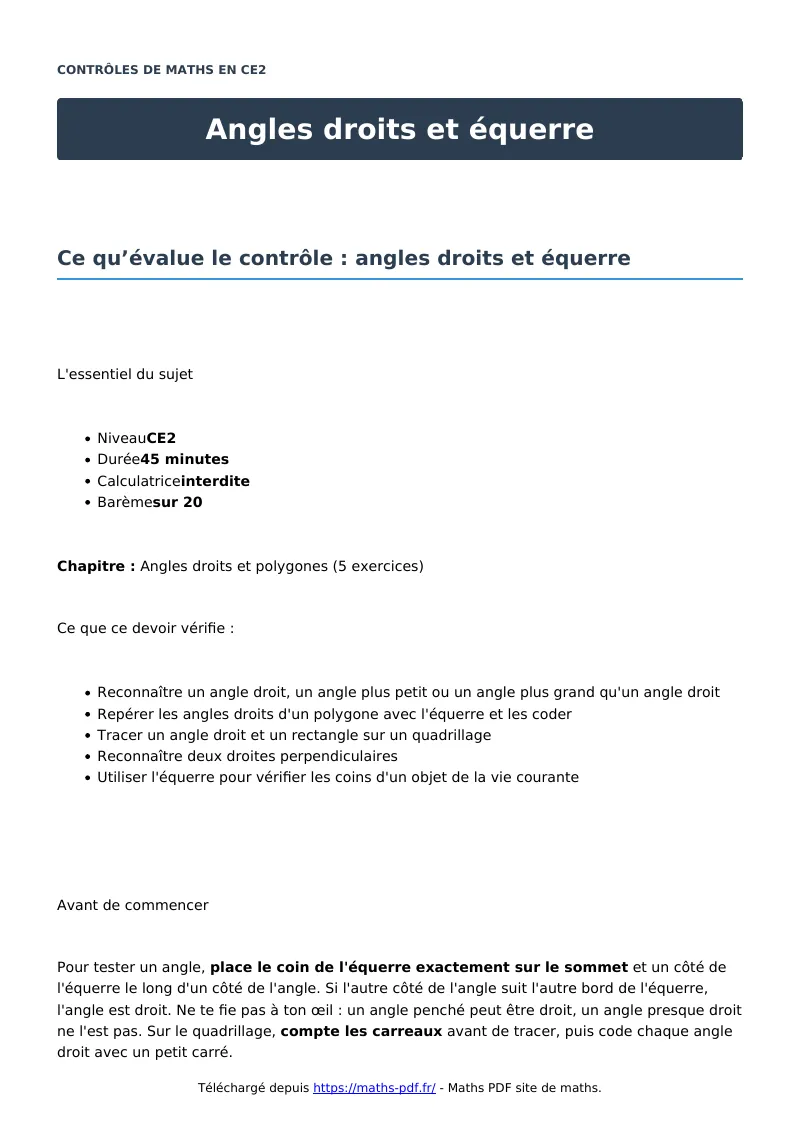 Angles droits et équerre : contrôle de maths en CE2 corrigé en PDF