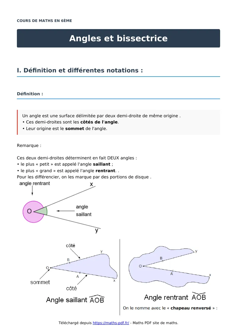 Angles et bissectrice : cours de maths en 6ème en PDF
