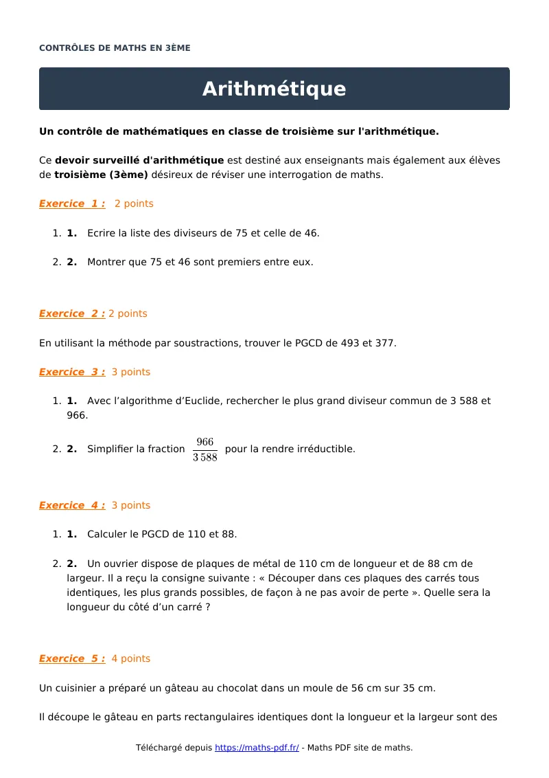Arithmétique : contrôle de maths en 3ème corrigé en PDF