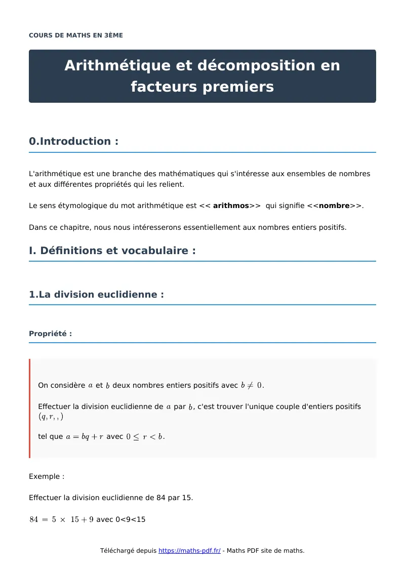 Arithmétique et décomposition en facteurs premiers : cours de maths en 3ème en PDF
