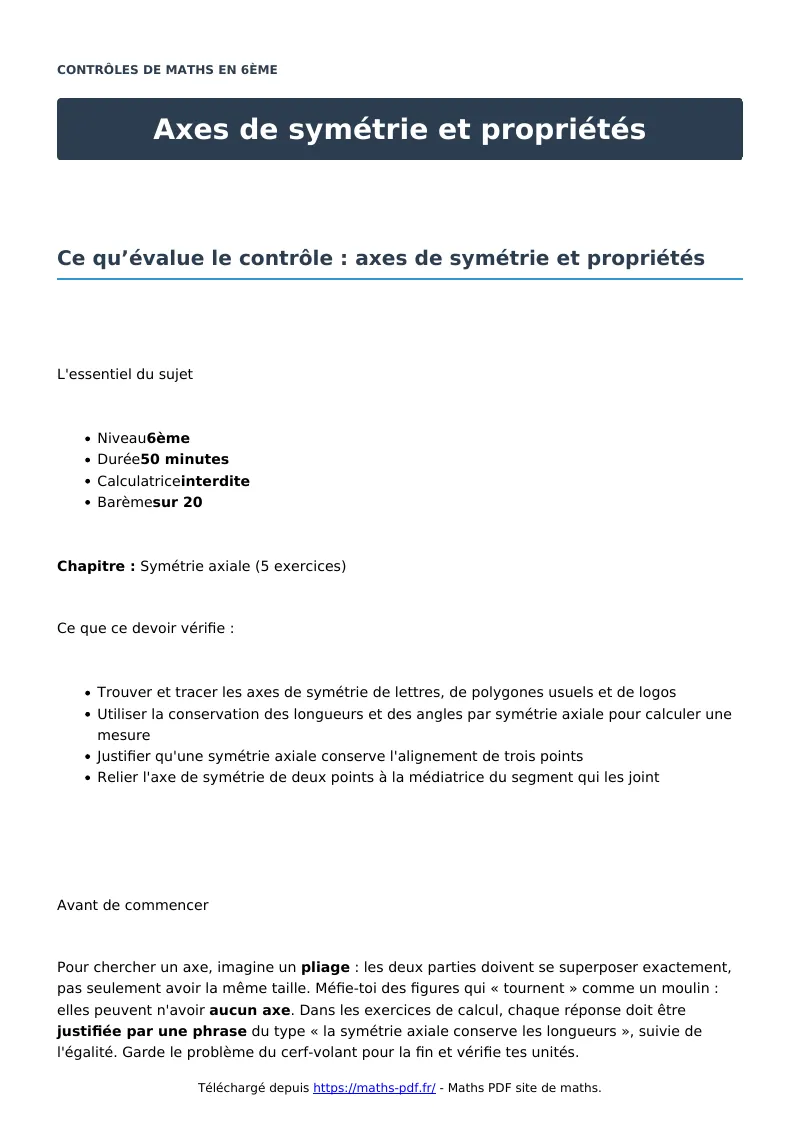 Axes de symétrie et propriétés : contrôle de maths en 6ème corrigé en PDF