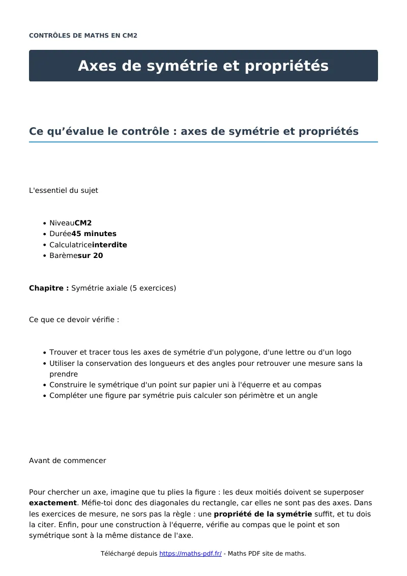 Axes de symétrie et propriétés : contrôle de maths en CM2 corrigé en PDF