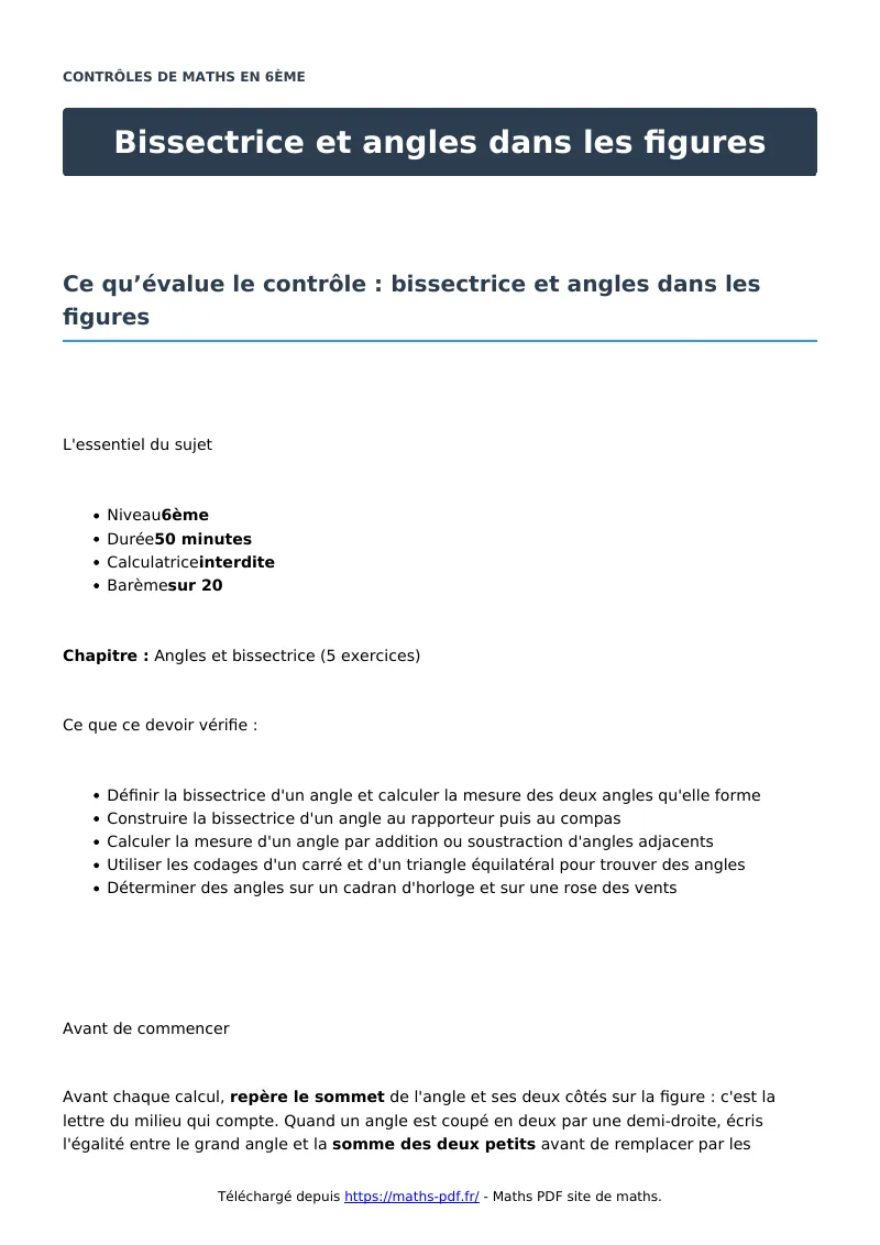 Bissectrice et angles dans les figures : contrôle de maths en 6ème corrigé en PDF