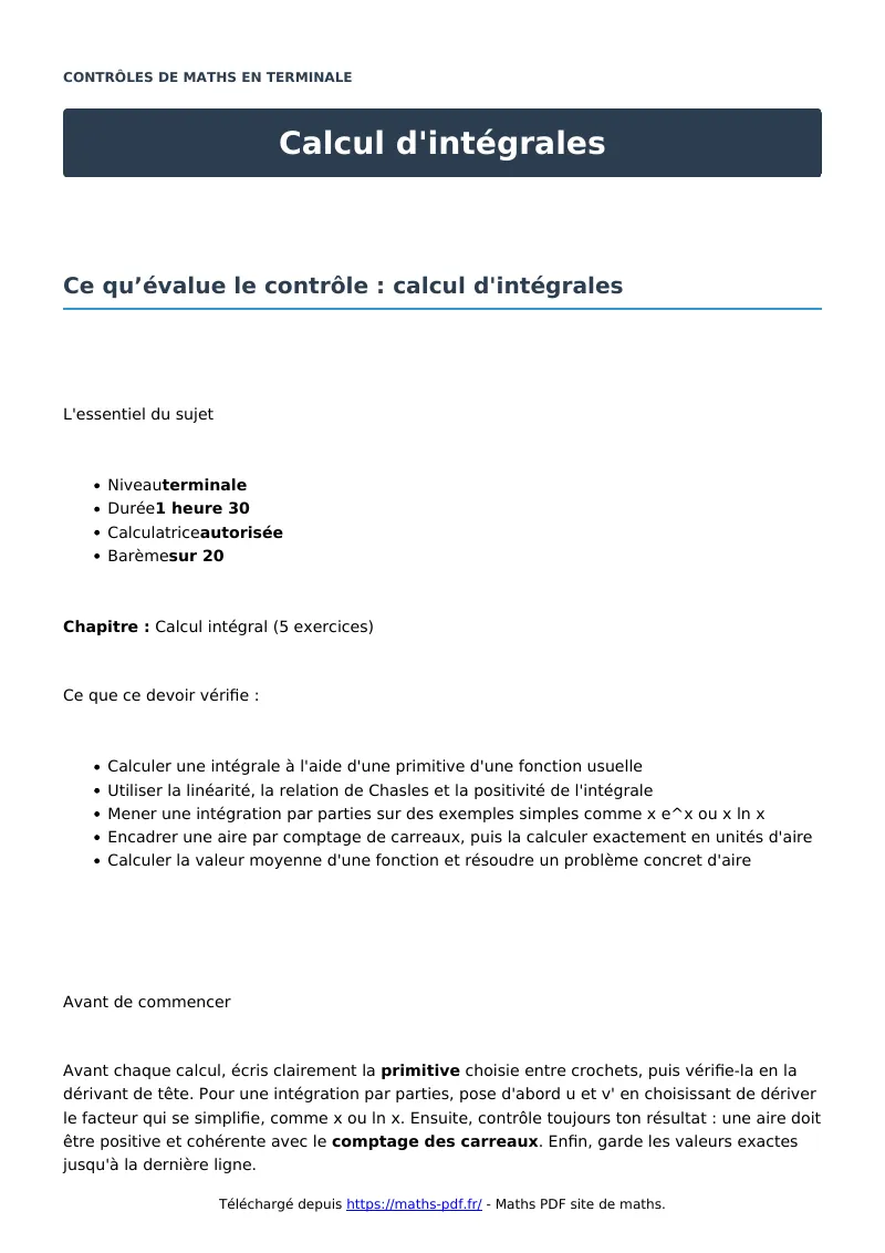Calcul d’intégrales : contrôle de maths en terminale corrigé en PDF