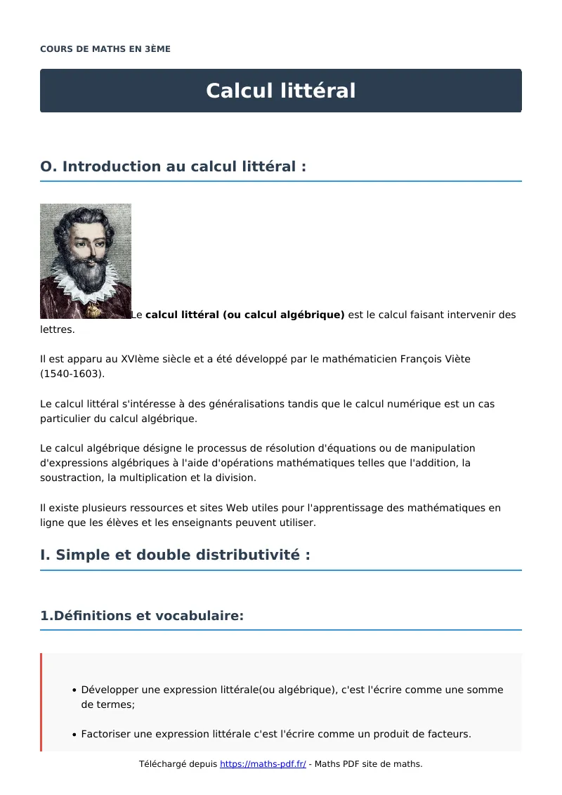 Calcul littéral : cours de maths en 3ème en PDF