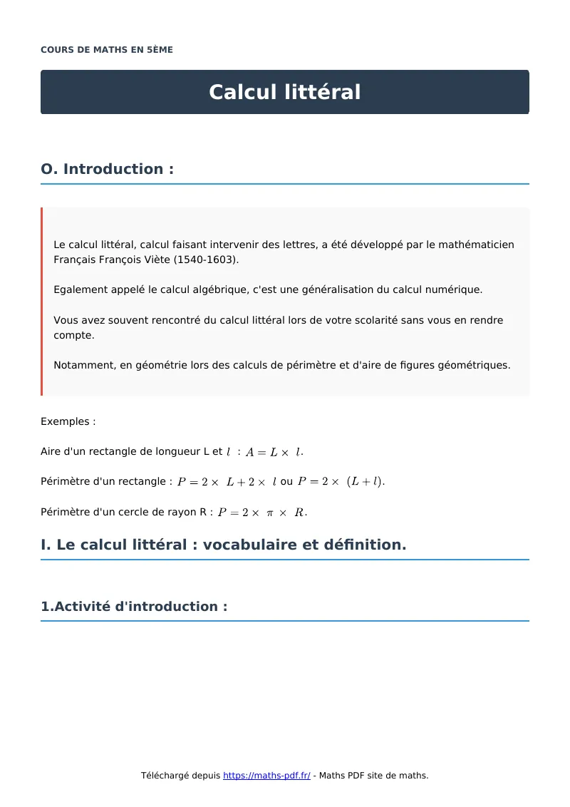 Calcul littéral : cours de maths en 5ème en PDF