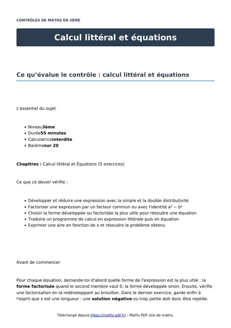 Calcul littéral et équations : contrôle de maths en 3ème corrigé en PDF