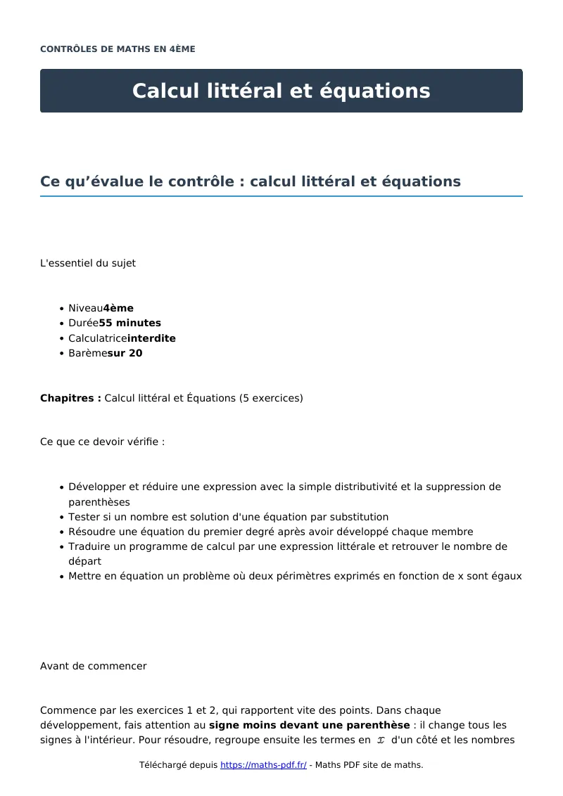 Calcul littéral et équations : contrôle de maths en 4ème corrigé en PDF