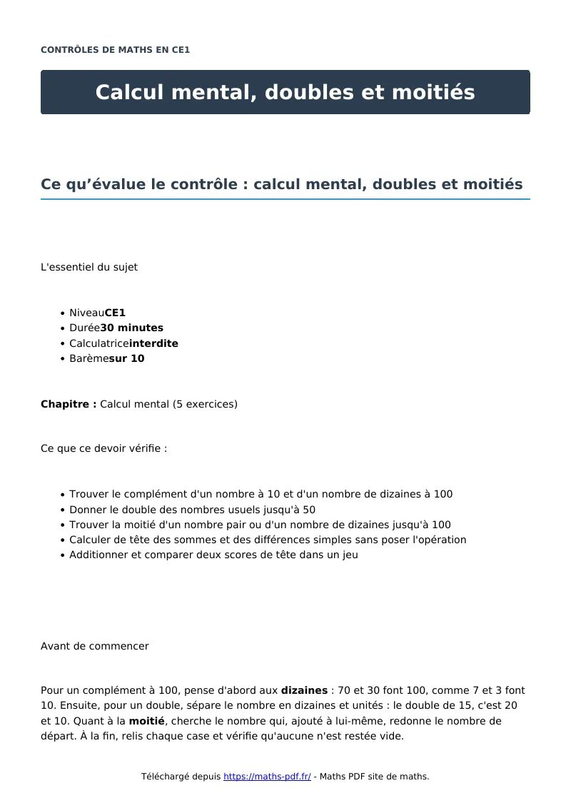 Calcul mental, doubles et moitiés : contrôle de maths en CE1 corrigé en PDF