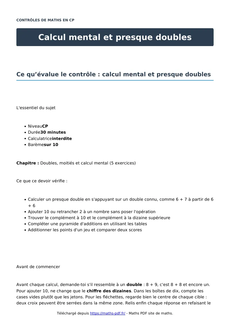 Calcul mental et presque doubles : contrôle de maths en CP corrigé en PDF