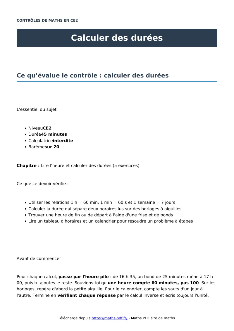 Calculer des durées : contrôle de maths en CE2 corrigé en PDF