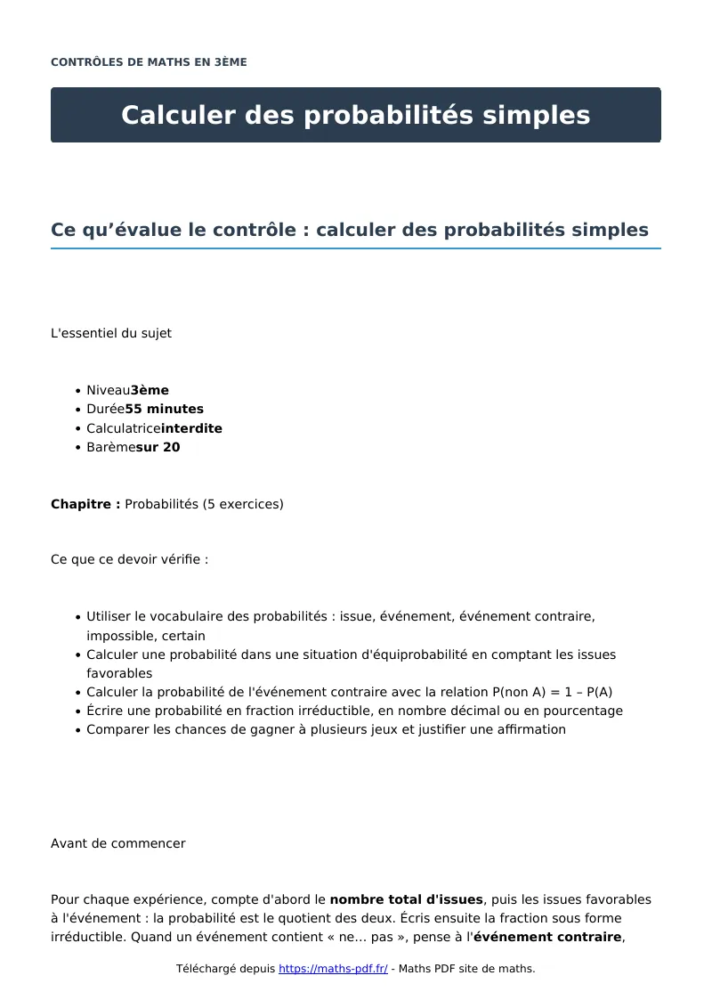 Calculer des probabilités simples : contrôle de maths en 3ème corrigé en PDF