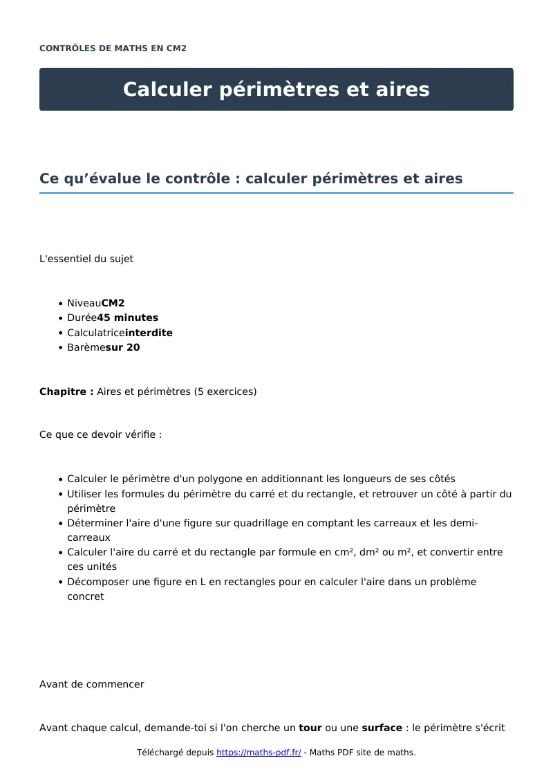 Calculer périmètres et aires : contrôle de maths en CM2 corrigé en PDF