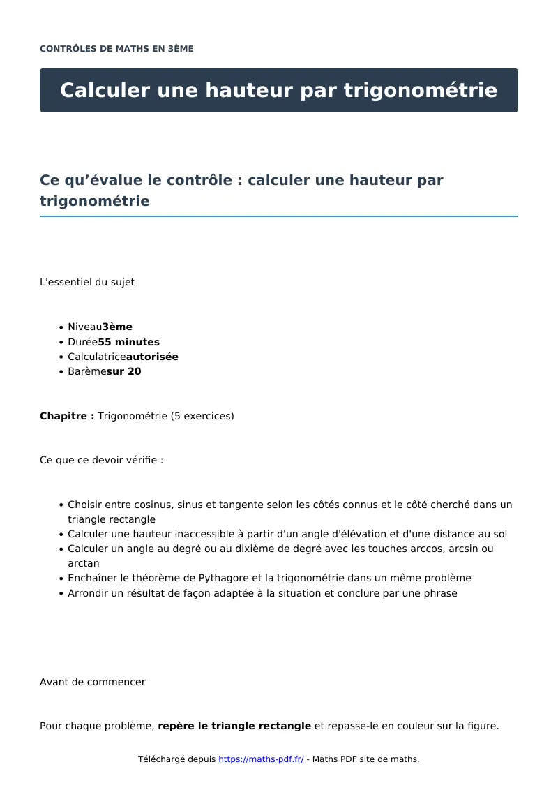 Calculer une hauteur par trigonométrie : contrôle de maths en 3ème corrigé en PDF