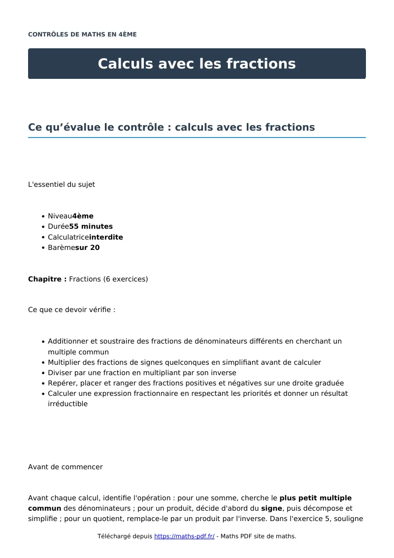 Calculs avec les fractions : contrôle de maths en 4ème corrigé en PDF
