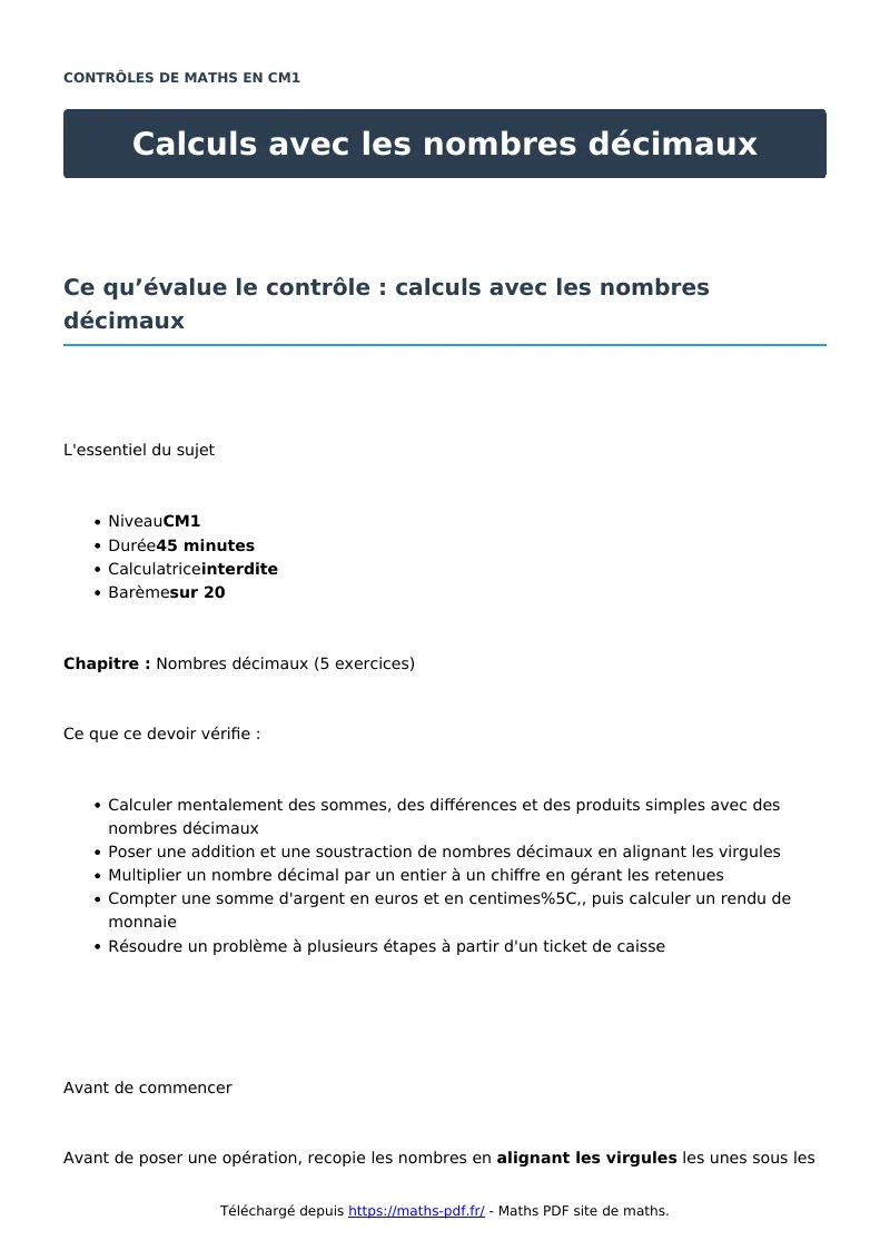 Calculs avec les nombres décimaux : contrôle de maths en CM1 corrigé en PDF